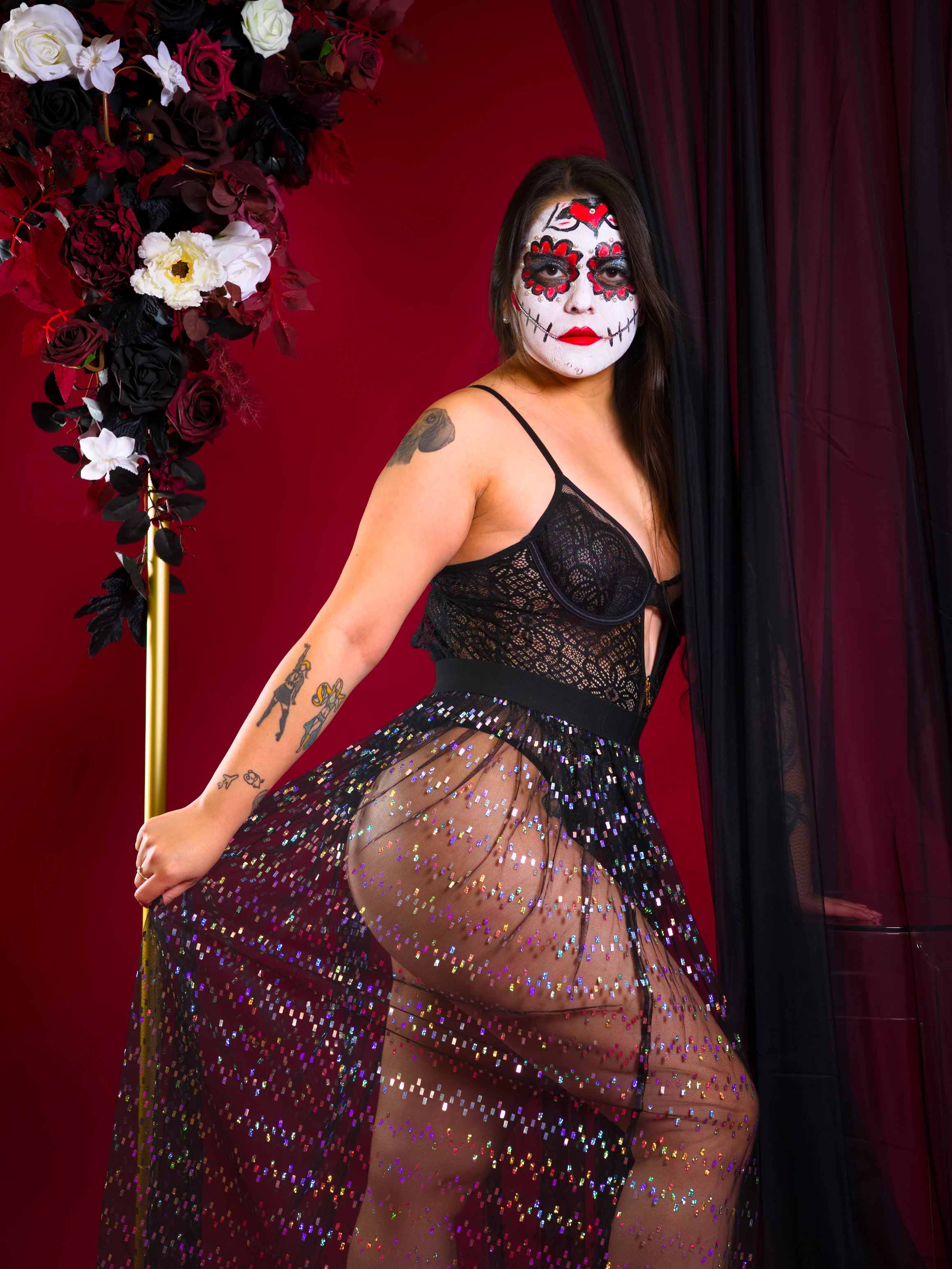 Day of the Dead inspired creative boudoir portrait with editorial styling